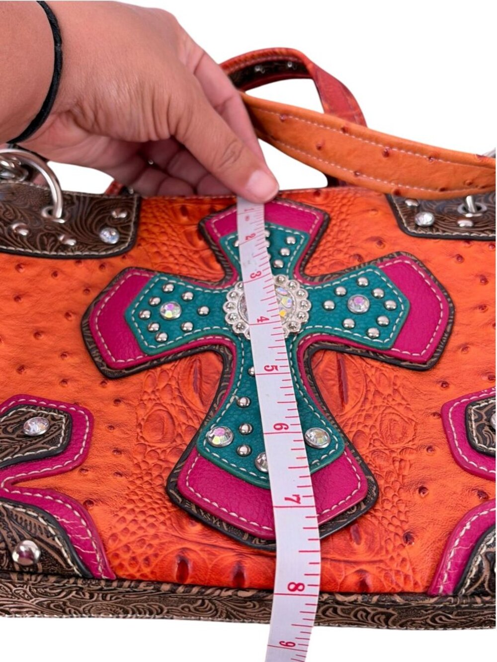 Vintage Blazin Roxx Cowgirl Purse Orange Pink Turquoise Rhinestone Cross - Picture 10 of 16